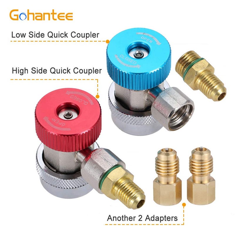 gohantee موصلات محول R134A، موصل سريع قابل للتعديل R134a عالي ومنخفض، مجموعة تحويل خرطوم مقياس مانيفولد تكييف الهواء، 1/4 SAE HVAC مع محول نحاسي 1/4'' أنثوي و 1/2 ذكر - Image 3